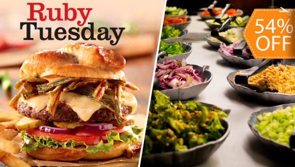 [Image: ¡Paga $12 en lugar de $26 por 2 Exquisitas Hamburguesas o Ensaladas a Elección + 2 Sodas o Té Helado con Refill en Ruby Tuesday!m]
