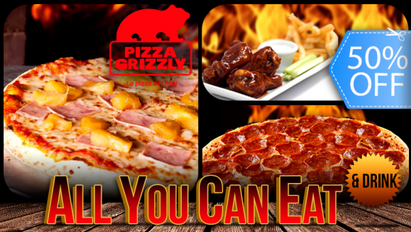 [Image: ¡Paga Q65 en lugar de Q129 por Exquisito Buffet ALL YOU CAN EAT de Pizza + ALL YOU CAN DRINK de Gaseosa, Té o Naranjada + Orden de Buffalo Wings en Pizza Grizzly!m]