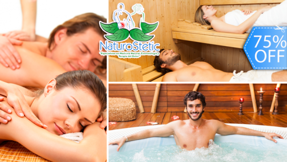 [Image: ¡Paga Q175 en lugar de Q700 por Spa Urbano para 2 que Incluye: Sauna + Exfoliación Corporal + Mascarilla Facial de Limpieza y Rejuvenecimiento + Mascarilla Corporal de Colágeno y Glicerina + Hidromasaje + Masaje en Espalda en Naturostetic!m]