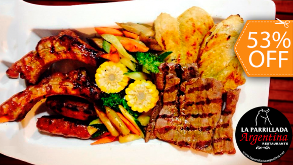 [Image: ¡Paga $12 en lugar de $25.49 por Parillada Gaucha para 2 que Incluye: 6 Onzas de Lomito de Aguja + 6 Onzas de Pollo + 6 Onzas de Costilla de Cerdo + 2 Chorizos Argentinos + 2 Ensaladas + 2 Bebidas a Elección y Más en La Parrillada Argentina!m]
