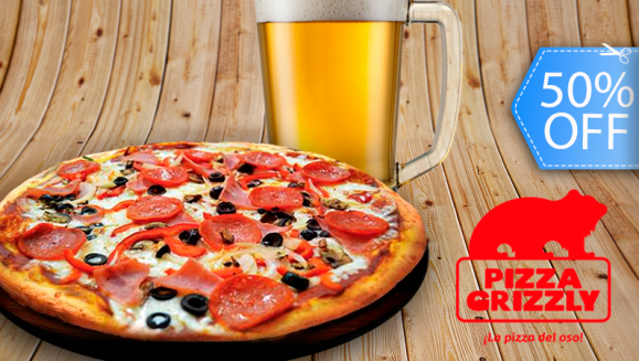 [Image: ¡Válido Fin de Semana! ¡Paga Q92 en lugar de Q184 por Pizza Grande de Especialidad a Elección + Pichel de Cerveza, Té Frio ó Gaseosa en Pizza Grizzly!m]
