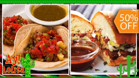 [Image: ¡Paga $10 en lugar de $20 por 2 Tortas o 2 Órdenes de Tacos de Especialidad a Elección + 2 Mini Sopas de Tortilla + 4 Bebidas  en Ay! Lolita, Plaza Volcán!m]