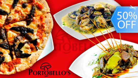 [Image: ¡Paga Q189 en lugar de Q380 por Exquisito Combo para 2 con Pizza o Pizzacio (Pizza y Carpacio) Artesanal Grande a Elección + 1 Entrada a Elección + 2 Copas de Vino o Bebida a Elección + Postre para Compartir en Portobello´s Restaurante!m]