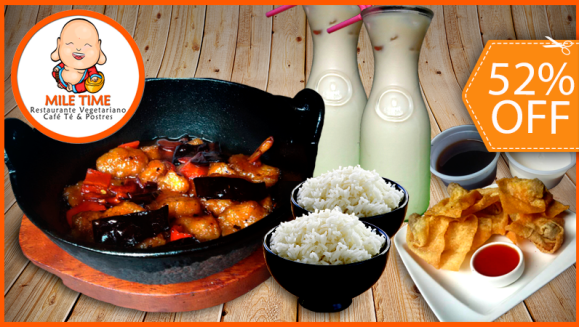 [Image: ¡Paga $10 en lugar de $20.85 por Combo para 2 que Incluye: 1 Entrada a Escoger entre Wantán o Taco Chino + Pollo Kum Pao + Arroz Blanco + 2 Tés con Cremora de Sabor + 2 Postres en Mile Time!m]