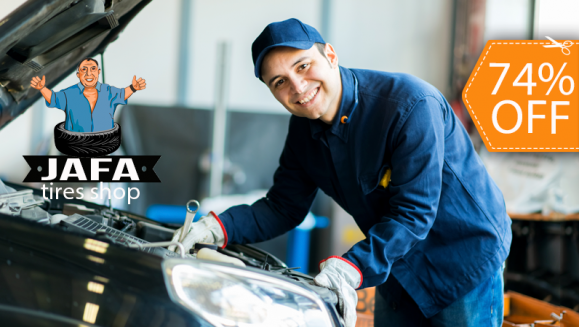 [Image: ¡Paga $26 en lugar de $101 por Cambio de Aceite 20W50 + Filtro de Aceite + Alineado + Balanceo + Rotación de Llantas + Diagnóstico de Dirección y Suspensión + Limpieza de Frenos + Revisión de 18 Puntos en Jafa Tires Shop!m]
