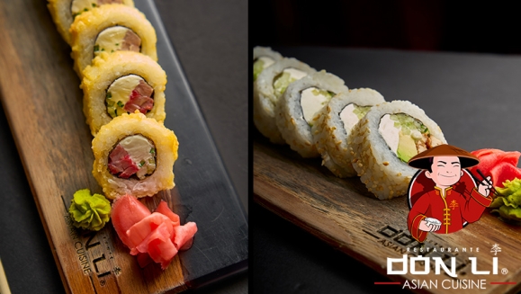 [Image: ¡Deleite Asiático en Don Li! ¡Paga $20 en Lugar de $35.45 Por Menú para 2 con: 2 Sushi Rolls a Elección entre California, Crunchy, Boneless, Crunchy Crab, Honolulu o Char Siu Roll + Orden de Wantán de Pollo + Postre + Pichel de Té Helado!m]