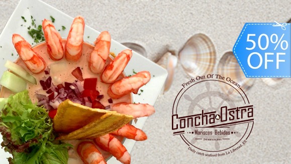 [Image: ¡Paga Q149 en lugar de Q300 por 2 Cócteles de Camarón en Salsa Rosada + 1 Entrada de Conchas + 2 Consomés + 2 Bebidas Naturales en Concha &amp; Ostra!m]