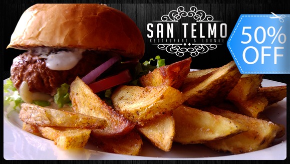 [Image: ¡Paga Q65 en lugar de Q130 por Combo de Súper Hamburguesa Artesanal Gigante (6 Oz de Exquisita Carne Premium Rellena de Tocino y Mozzarella en Pan Artesanal Recién Horneado), Patatas y Bebida en Restaurante San Telmo!m]