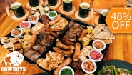 [Imagen:¡Paga $49.95 en Vez de $95.95 por Parrillada hasta para 6 con: 1 Lb de Carne de Res + 1 Lb de Pollo + 1 Lb de Costilla + 6 Chorizos + 6 Medias Papas + 6 Medios Elotes + Acompañamientos: Casamiento, Chimol, Cebolla Curtida,Tortillas y Más!]