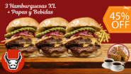 [Image: ¡Paga $23.90 en Lugar de $43.75 por 3 Hamburguesas XL + 3 Papas + 3 Sodas + 2 Porciones de Budín + 2 Cafés Americanos!m]